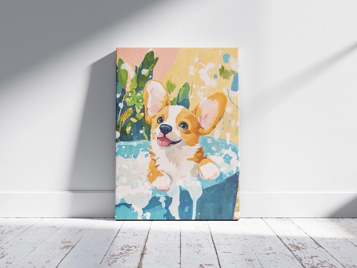 Corgi Puppy Foamy Bath Watercolor Style Cute Pet Bathroom Poster - Image 2