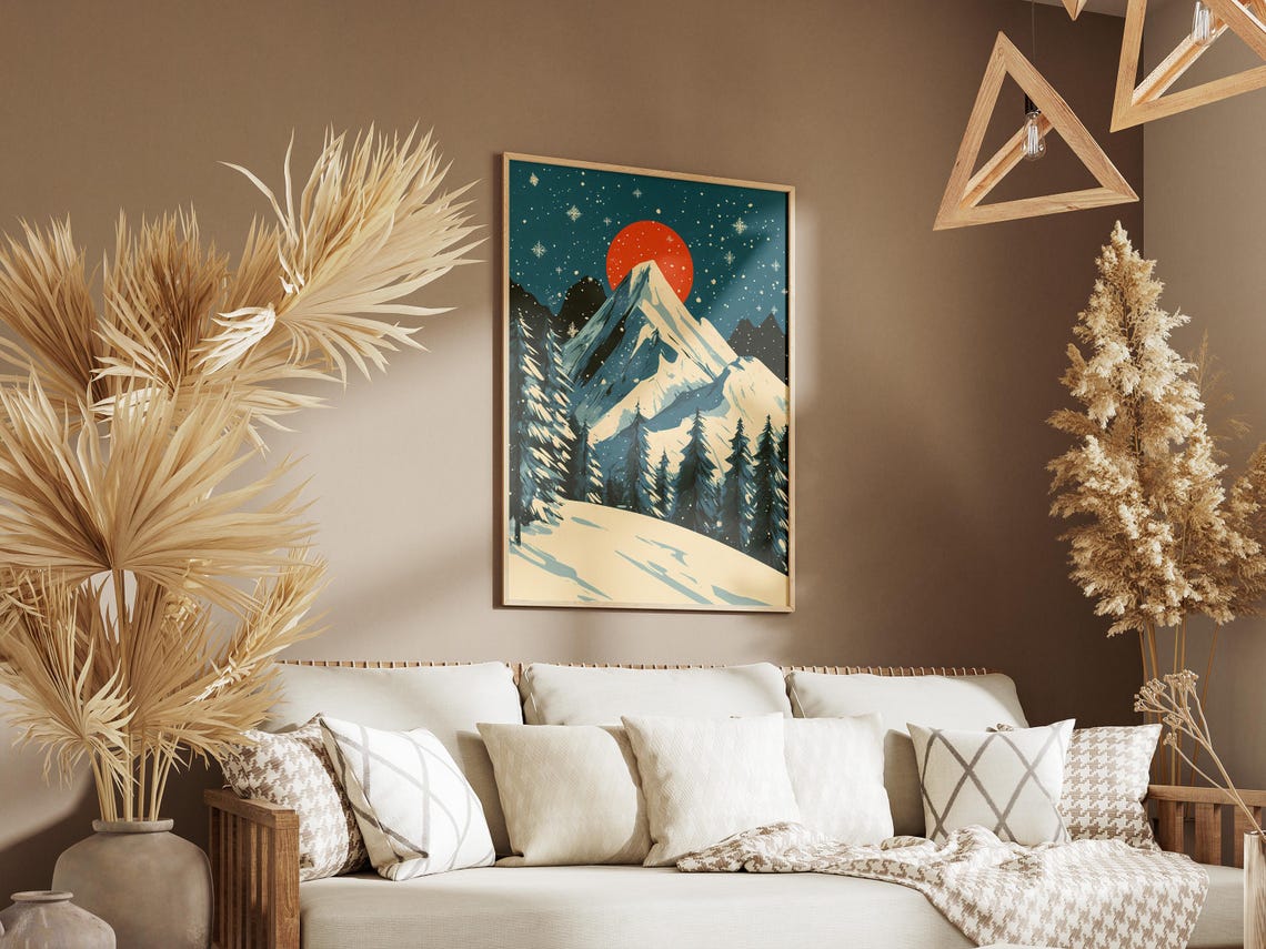 Giant Red Sun Over Snowy Mountain Peak Starry Teal Night Poster - Image 3