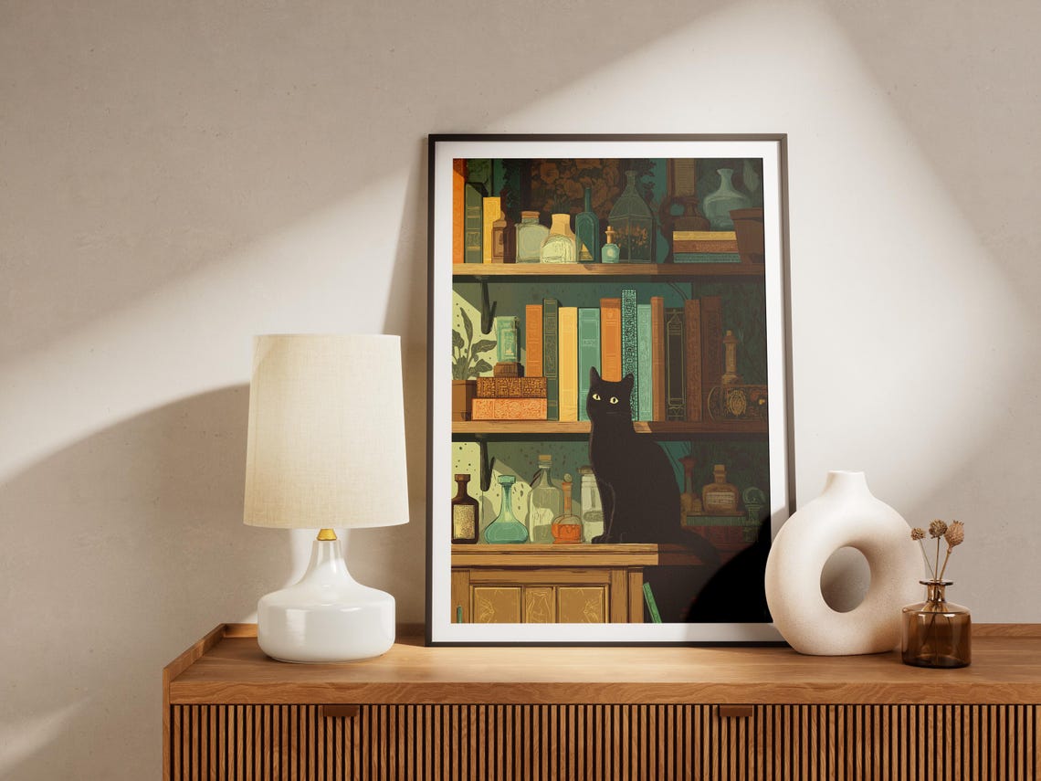 Black Cat on Vintage Apothecary Bookshelf Gothic Witchy Art Poster - Image 4