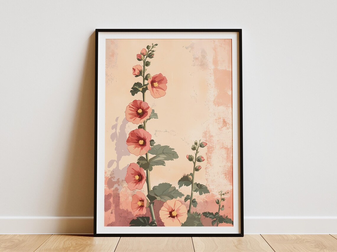 Peach Hollyhock Stems Cottage Garden Flower Botanical Poster