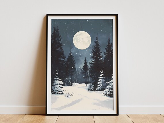 Winter Forest Moon Night Snow Landscape Poster Print Nature Art Snowy Trees Full Moon Winter Wonderland Forest Scene Cold Night Cozy Winter
