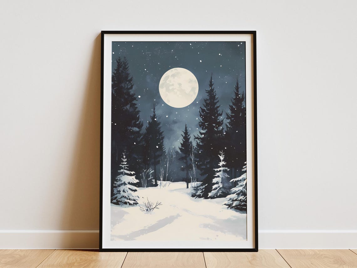 Full Moon Over a Snowy Night Forest with Stars and Falling Snow Poster