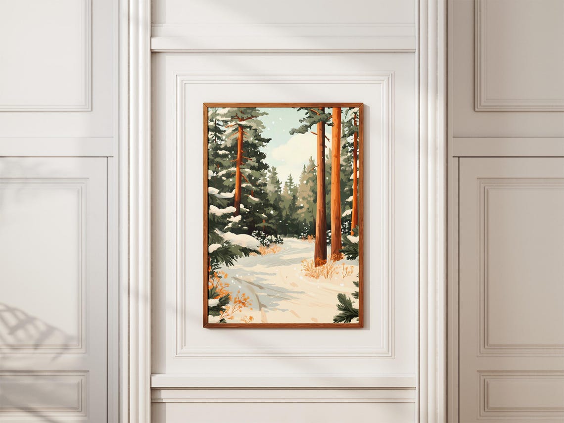 Snowy Winter Path Between Orange Pines Rustic Cozy Cabin Poster - Image 2