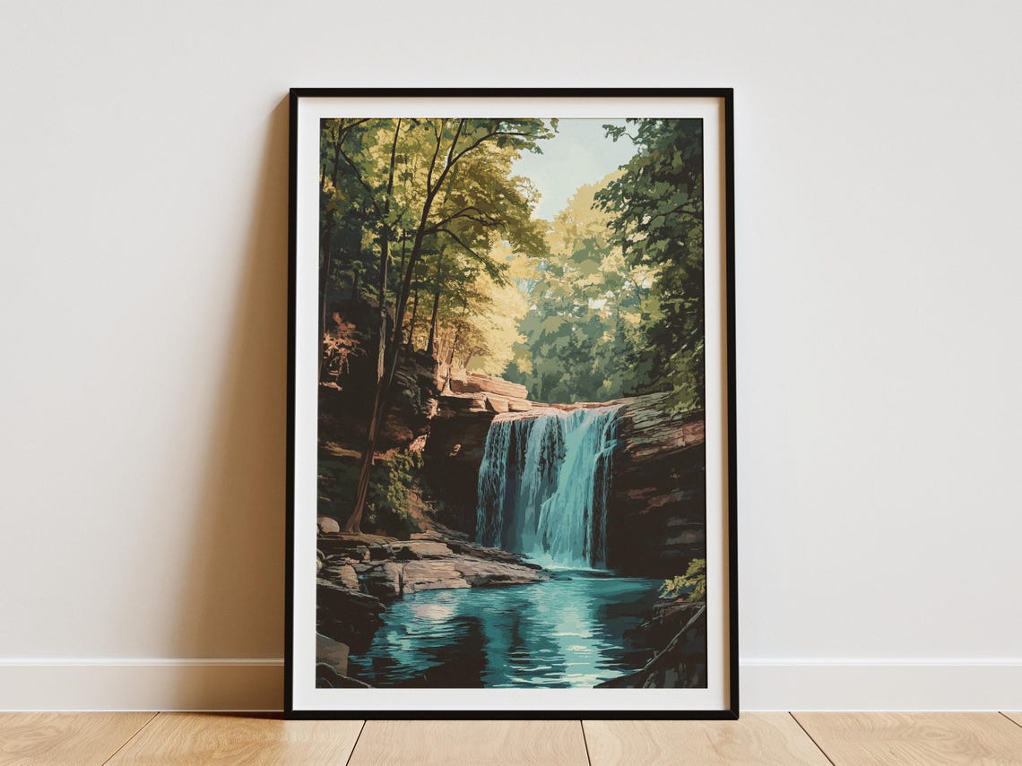 Forest Waterfall Flowing into a Turquoise Pool Nature Poster