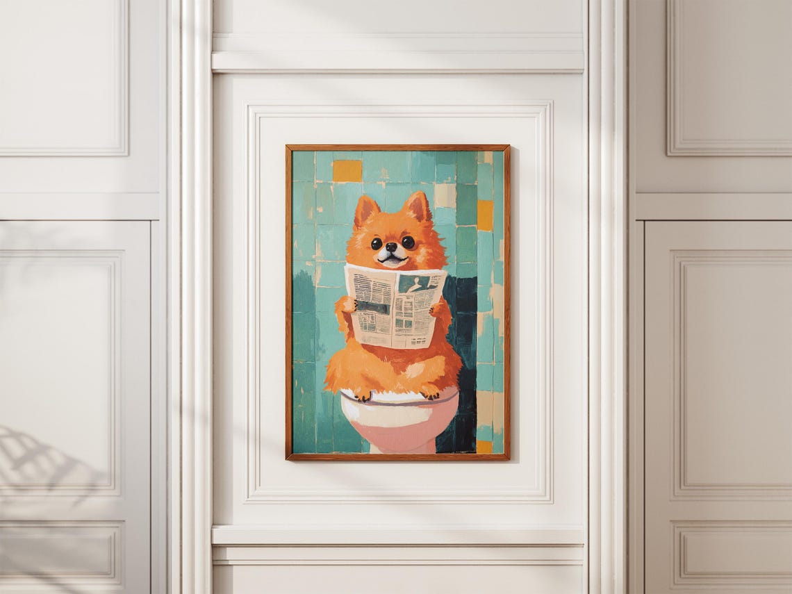 Fluffy Pomeranian Reading Newspaper on Toilet Funny Dog Art Poster - Image 2