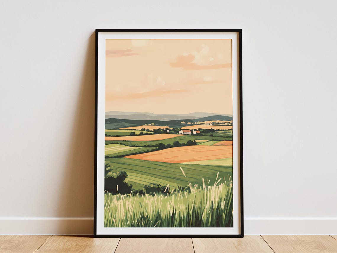 Rolling Green Farm Fields at Sunset in the Countryside Poster