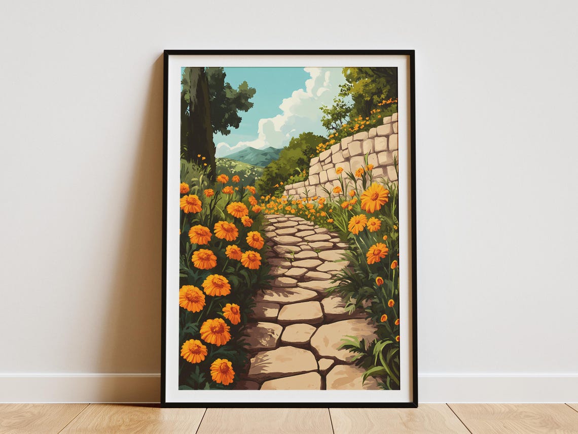 Orange Marigolds Along Stone Garden Path Sunny Garden Scene Poster
