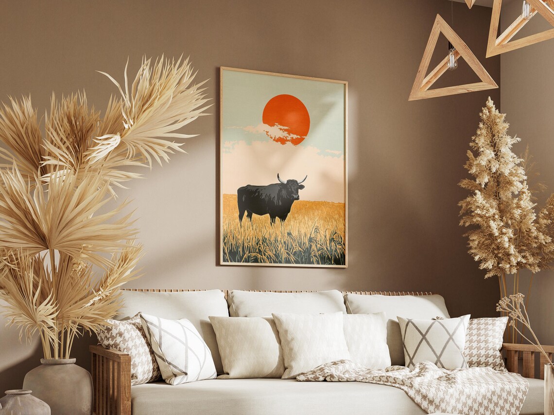 Black Bull in Golden Field at Sunrise Minimalist Asian Art Poster - Image 3