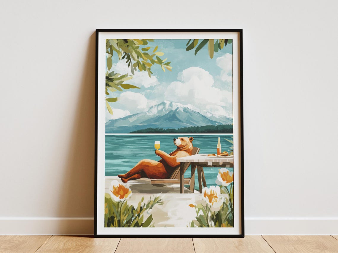 Brown Bear Sipping Wine On A Lake Terrace With Mountain View Poster