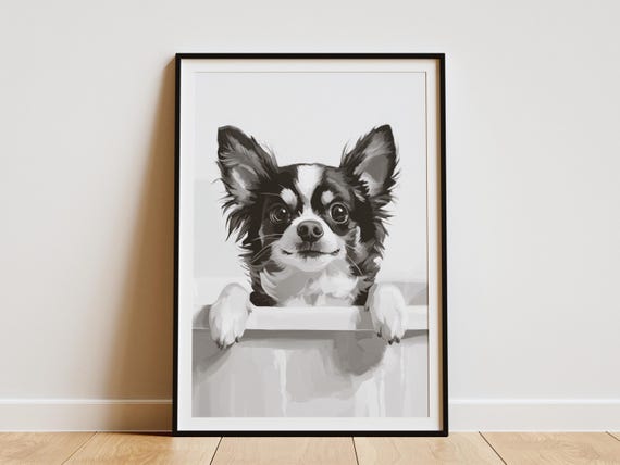Chihuahua In Bathtub Art Print Funny Dog Poster Bathroom Wall Decor Bubble Bath Artwork Cute Pet Portrait Modern