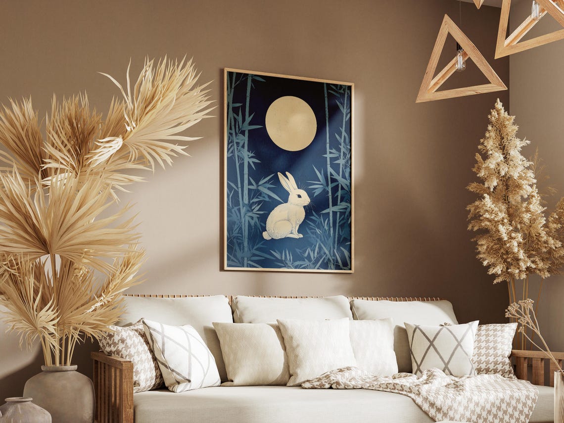 White Rabbit Sitting Under Full Moon in Blue Bamboo Grove Poster - Image 3