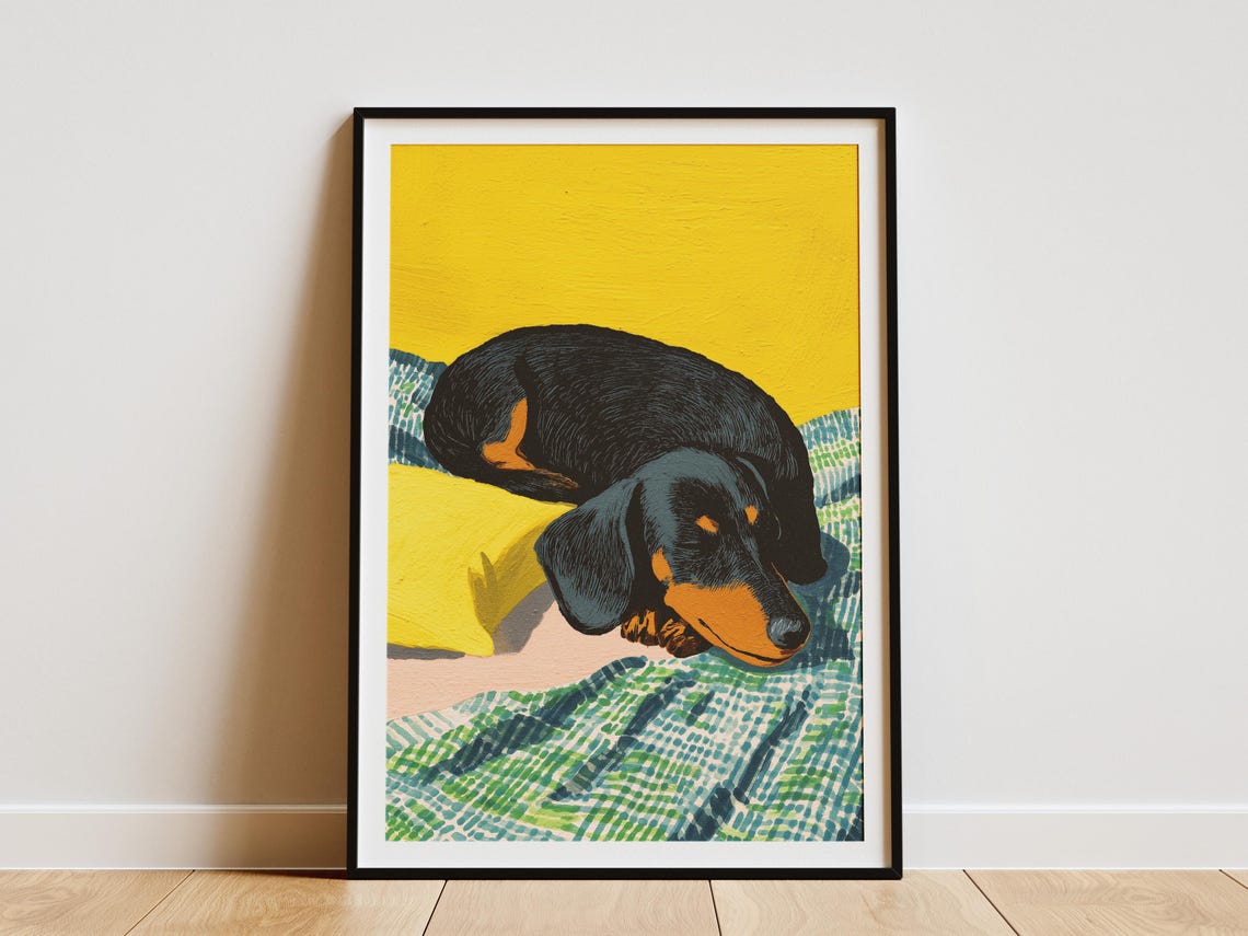 Dachshund Sleeping on Yellow Pillow Matisse Style Gouache Poster