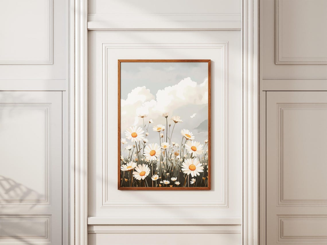 White Daisy Meadow Tall Stems Cloudy Sky Illustration Poster - Image 2