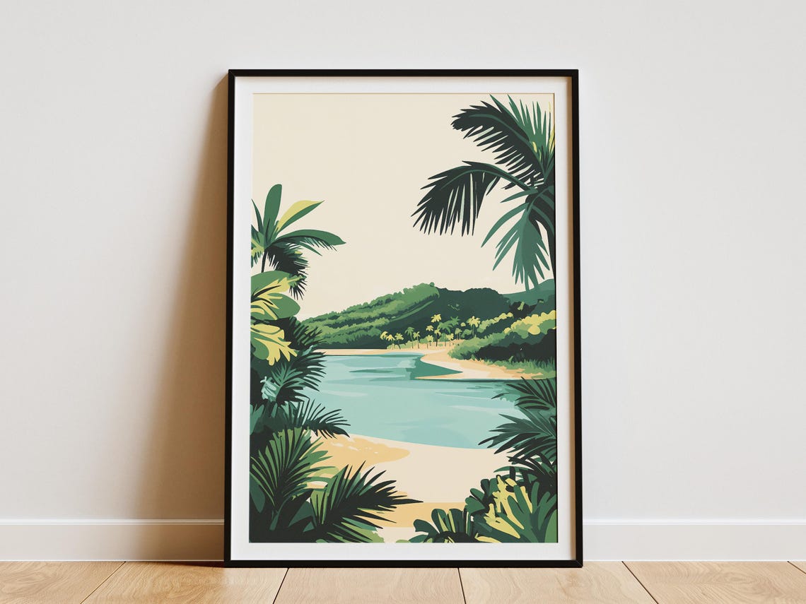 Tropical Lagoon Beach Through Palm Fronds Hillside View Poster