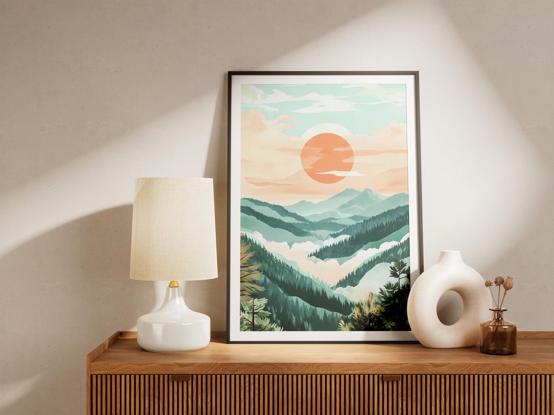 Big Orange Sun Rising Over Misty Forest Ridges at Dawn Poster - Image 5