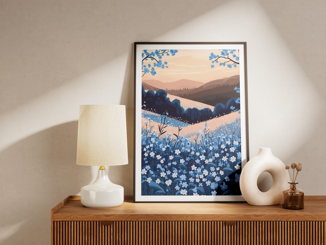 Forget Me Not Meadow Blue Wildflower Valley Dusk Landscape Poster - Image 5