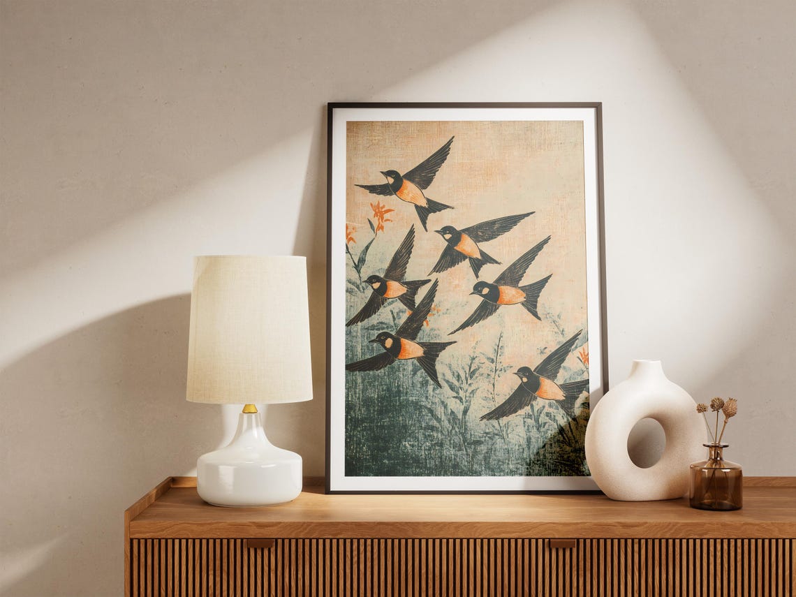 Six Black Orange Swallows In Flight Over Reeds Woodblock Poster - Image 5