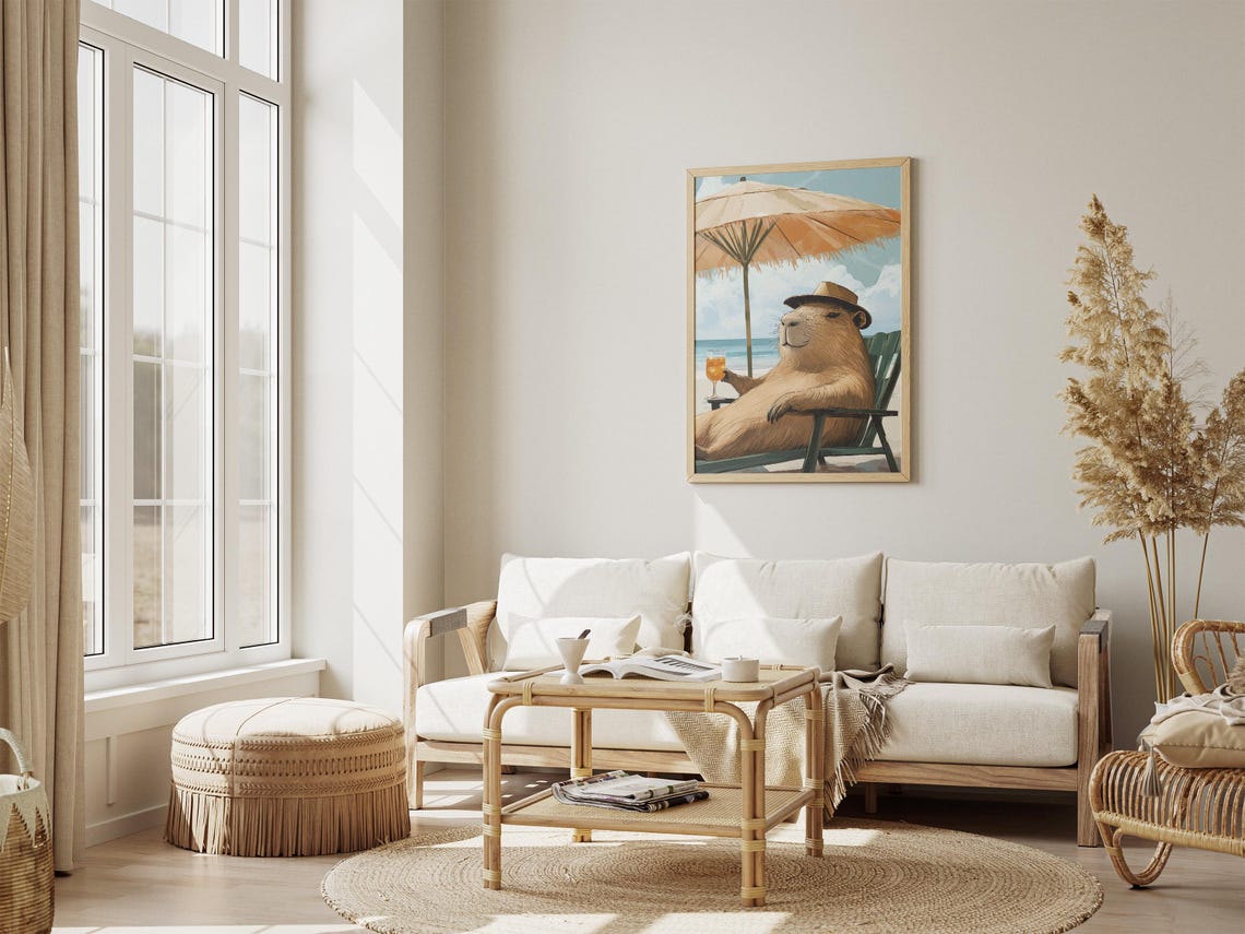 Capybara Relaxing in Beach Chair with Cocktail Funny Art Poster - Image 4