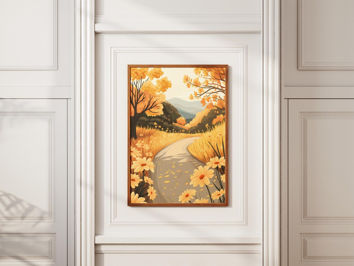 Autumn Country Lane With Golden Trees And Yellow Daisies Poster - Image 2