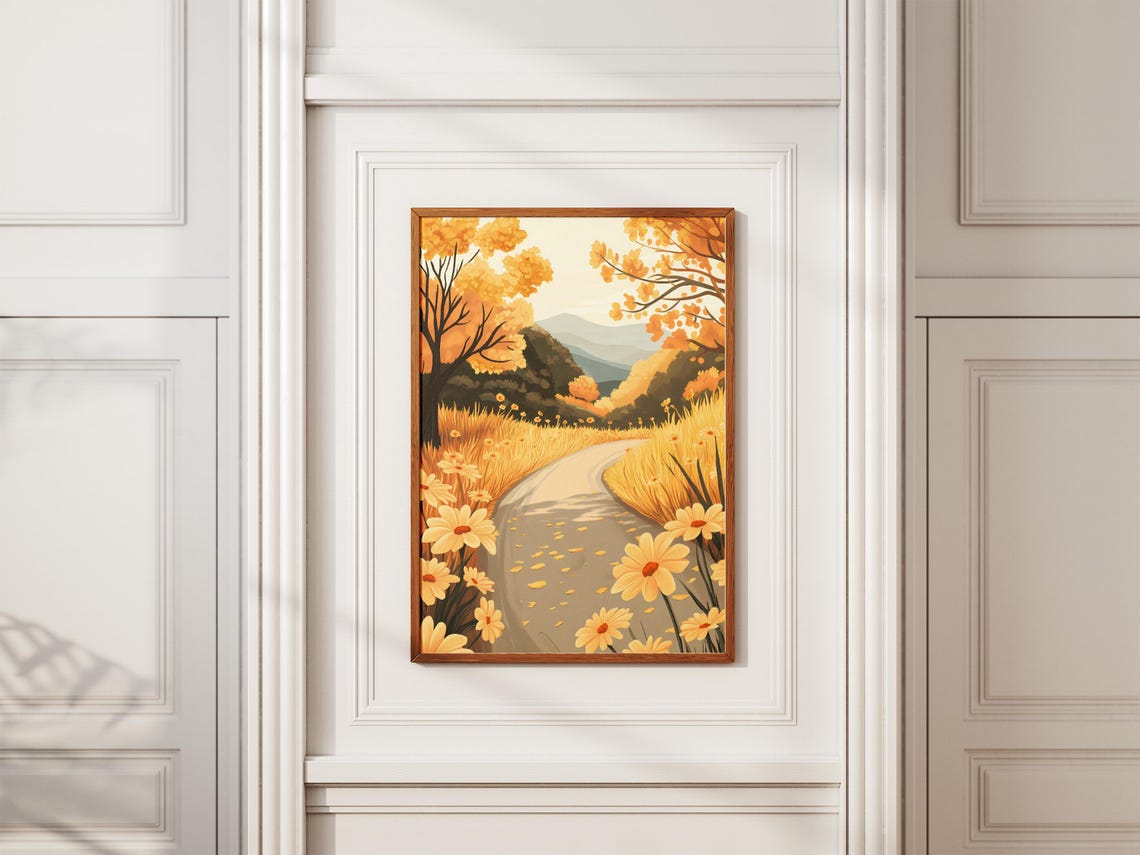 Country Lane Flower Poster Yellow Marigold Print Golden Flower Road Art Nature Wall Decor Botanical Illustration Calm Landscape Autumn Road - Image 2