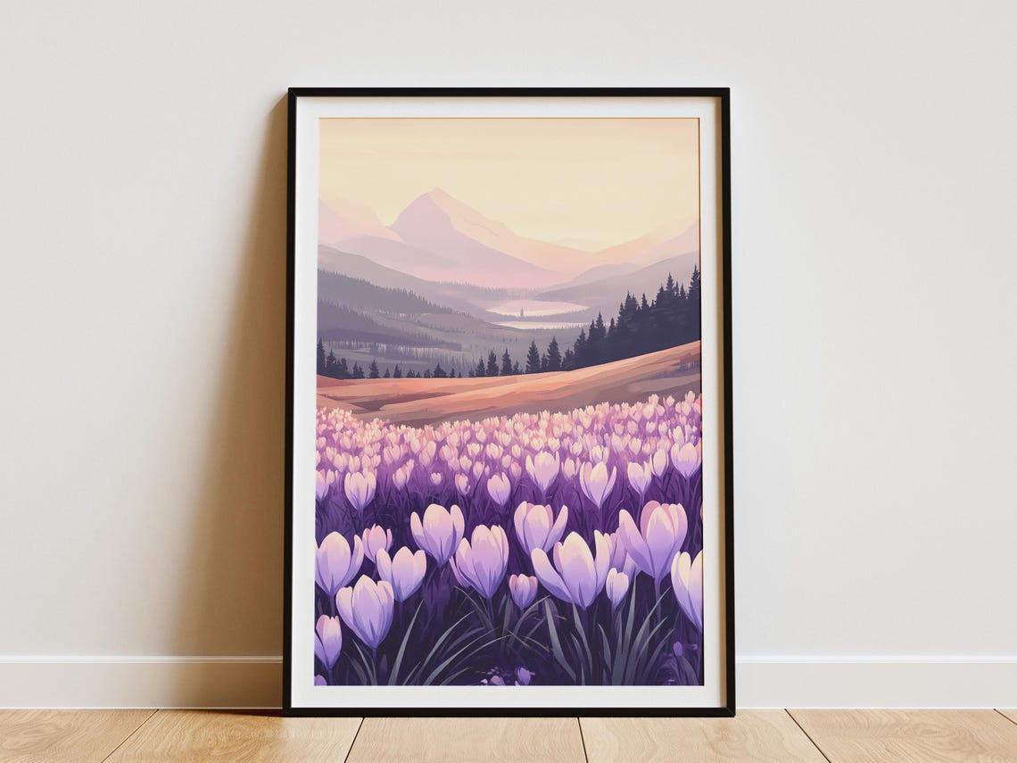 Purple Crocus Field at Sunrise with Misty Mountain Valley Poster