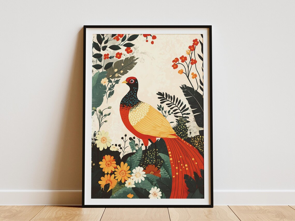 Golden Pheasant Red Tail Tropical Flowers Chinoiserie Poster