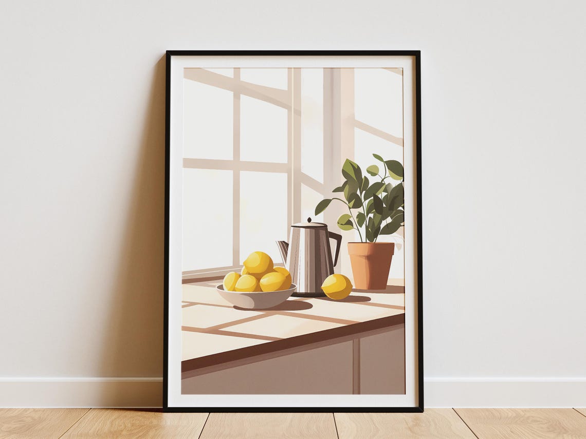 Sunny Kitchen Print Lemons And Teapot Minimalist Kitchen Art Modern Kitchen Decor Print Wall Art Instant Kitchen Poster
