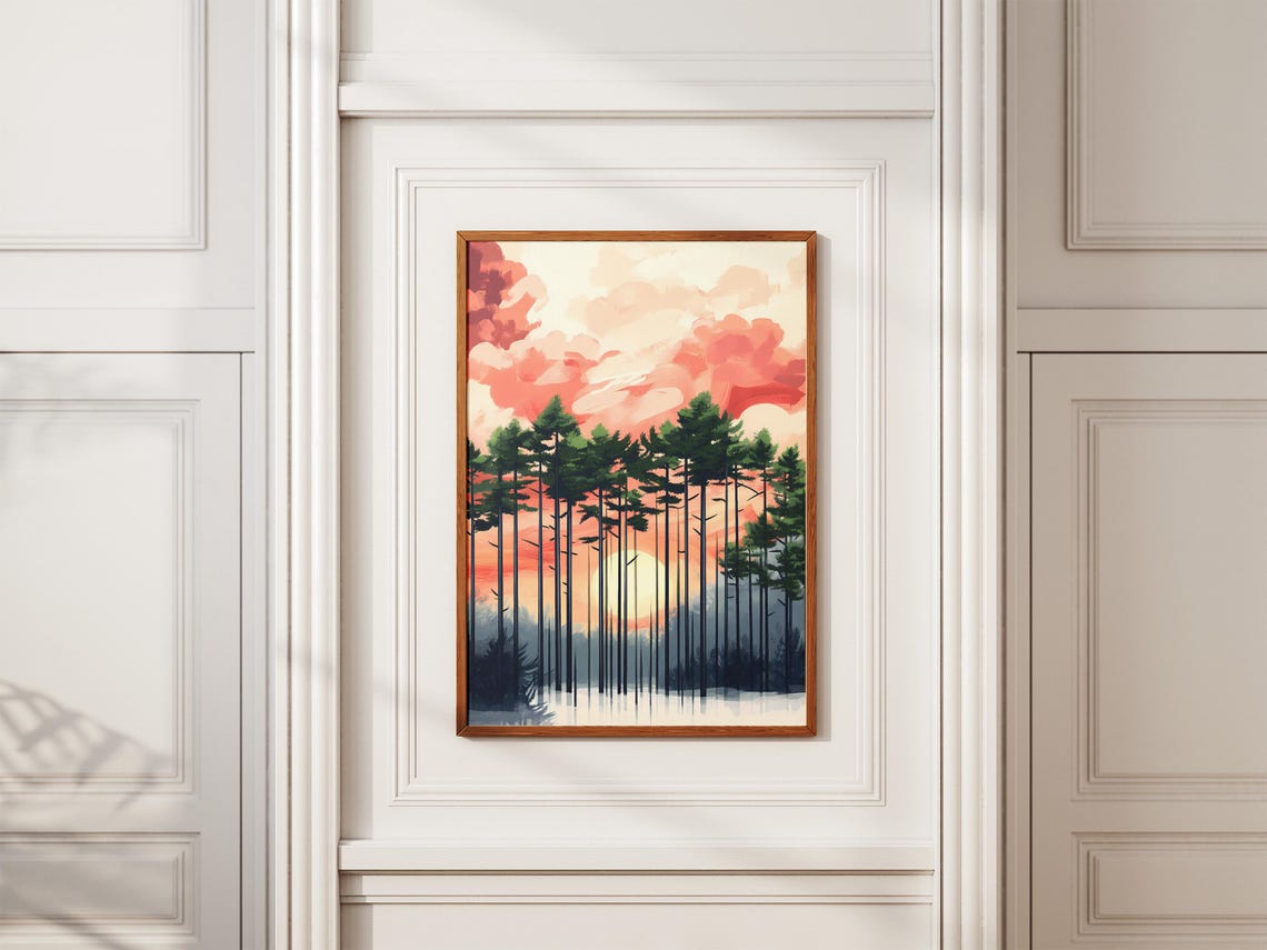 Tall Pine Forest at Sunset with Pink Clouds and Low Sun Poster - Image 2