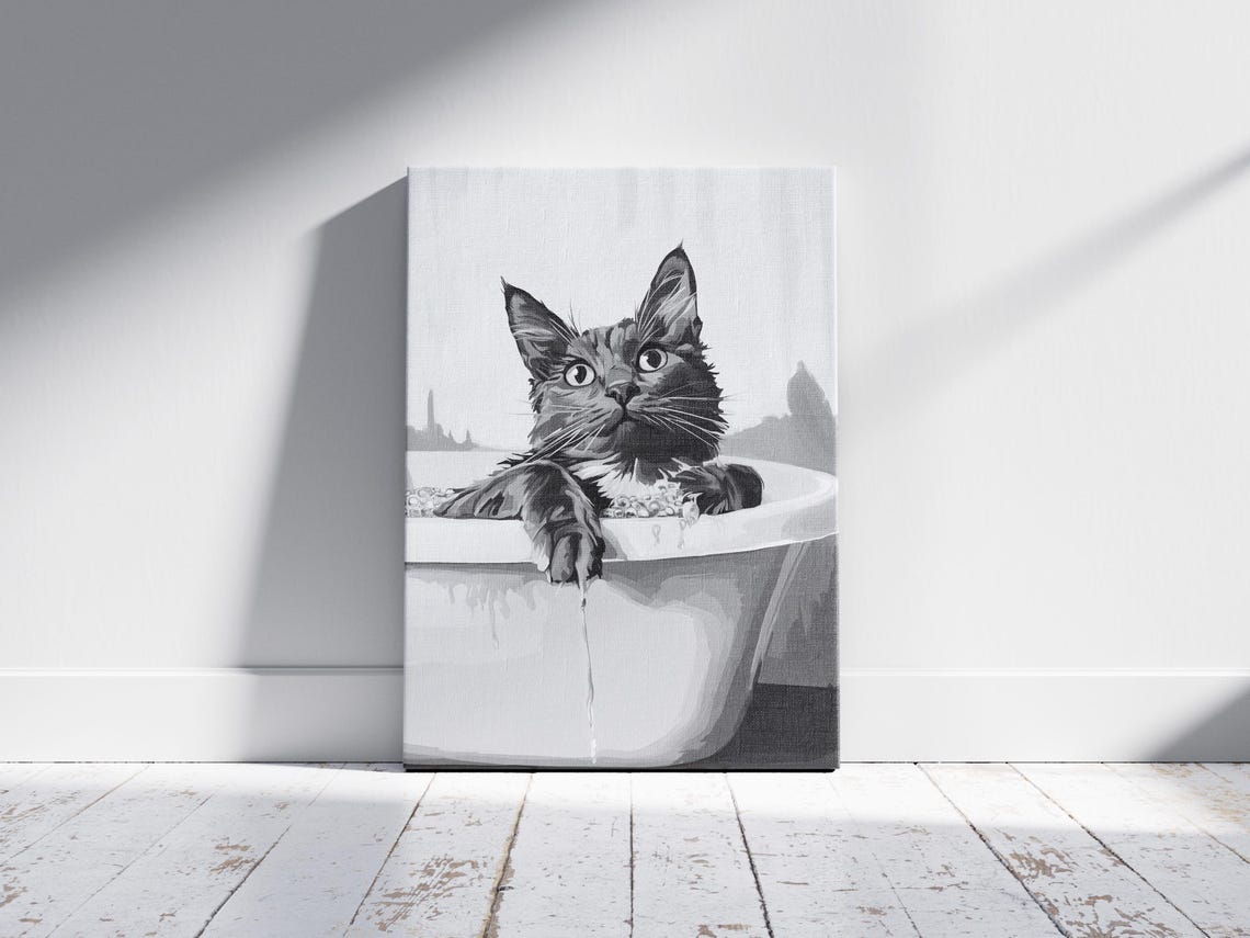 Black Cat in Bubble Bath Black and White Funny Kitten Decor Poster - Image 2