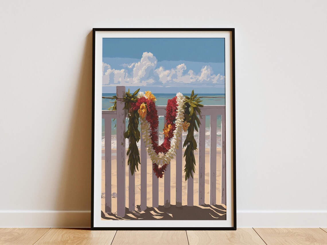 Hawaiian Lei Garland White Picket Fence Beach Ocean Art Poster