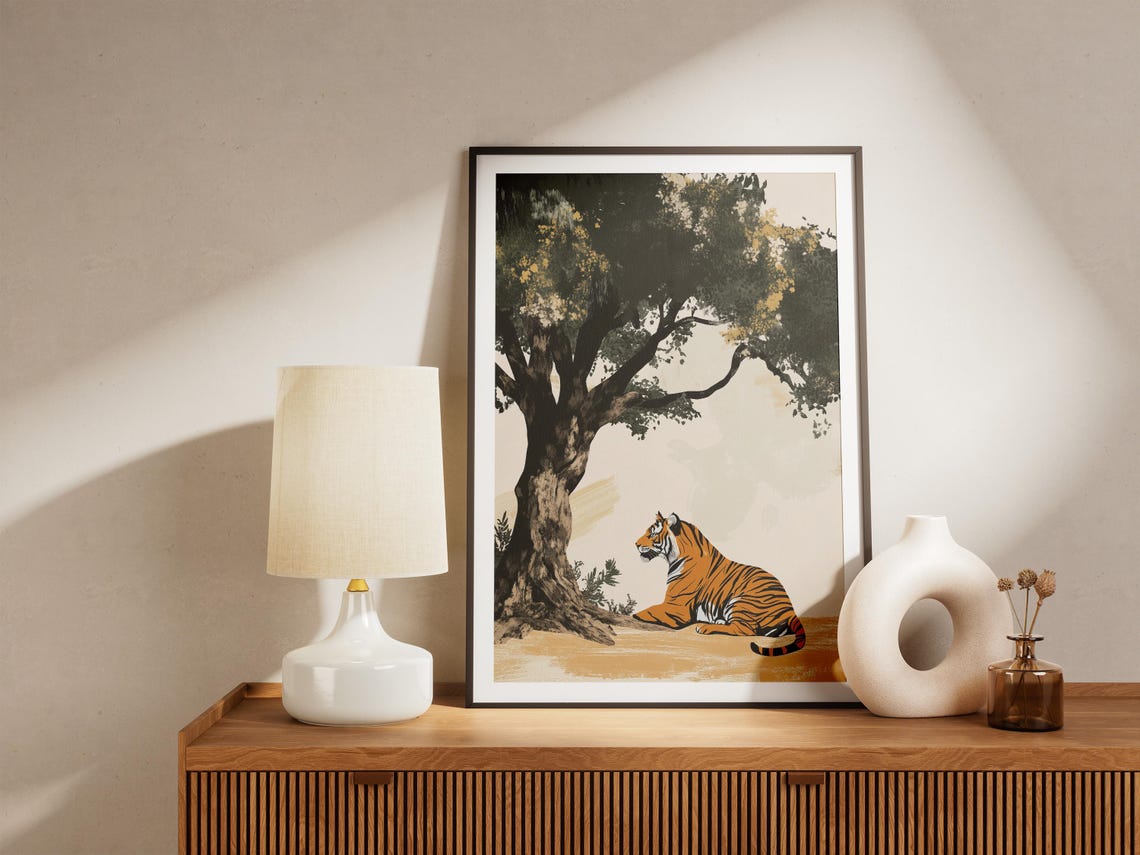 Tiger Resting Under A Large Tree In Minimalist Style Wildlife Poster - Image 4