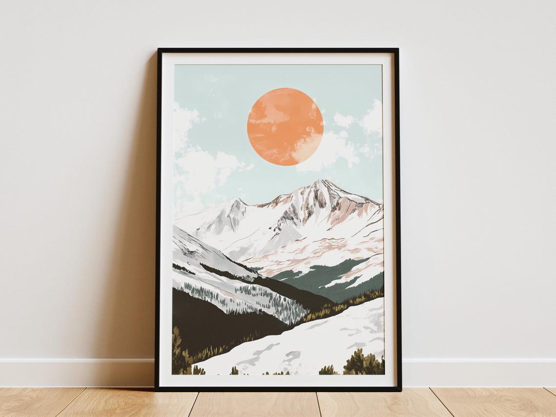Minimalist Snowy Mountain Range With Orange Sun Landscape Poster