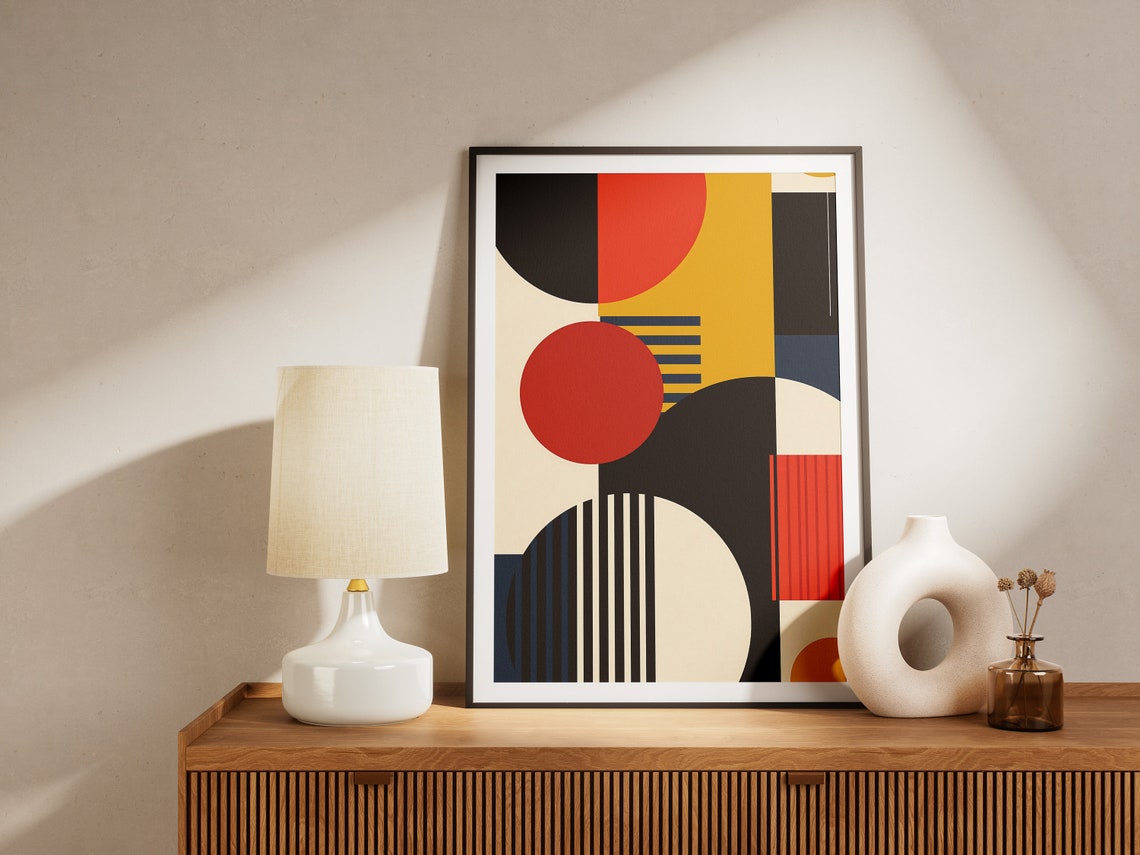Geometric Red Circles On Black Gold Bauhaus Style Art Poster - Image 2
