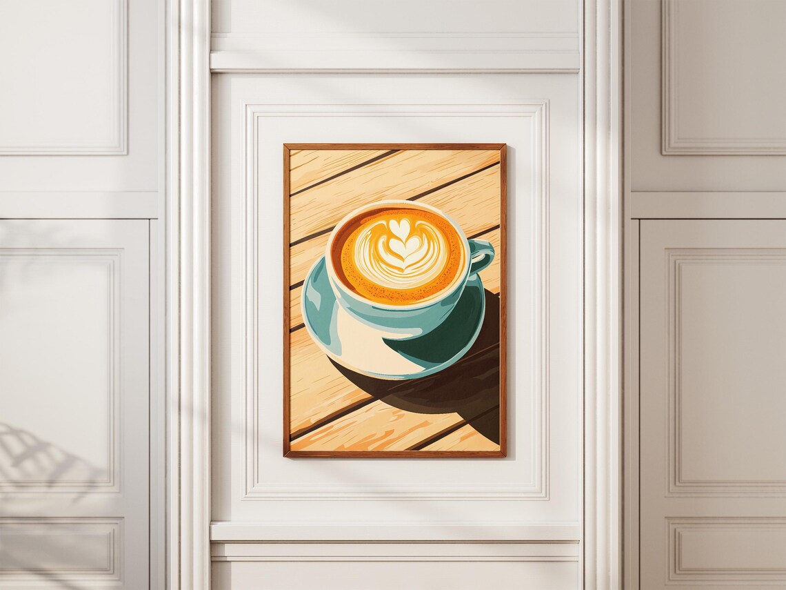 Morning Heart Latte Art Teal Cup Sunlit Wooden Table Coffee Poster - Image 2
