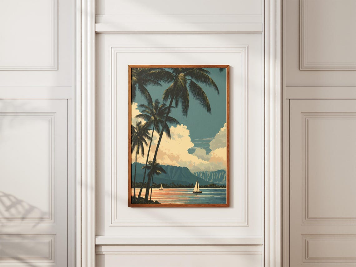 Hawaiian Beach Sunset Palm Trees Sailboats And Mountain Coast Poster - Image 2