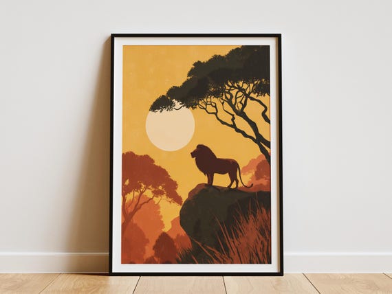 Majestic Lion Savanna Sunset Poster Vintage African Safari Wildlife Art Print Retro Travel Wall Decor For Home Office Animal Lover Gift
