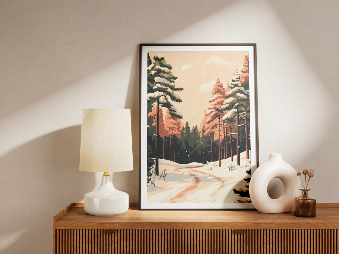 Snowy Trail Through Snow Covered Tall Pine Forest Winter Poster - Image 5