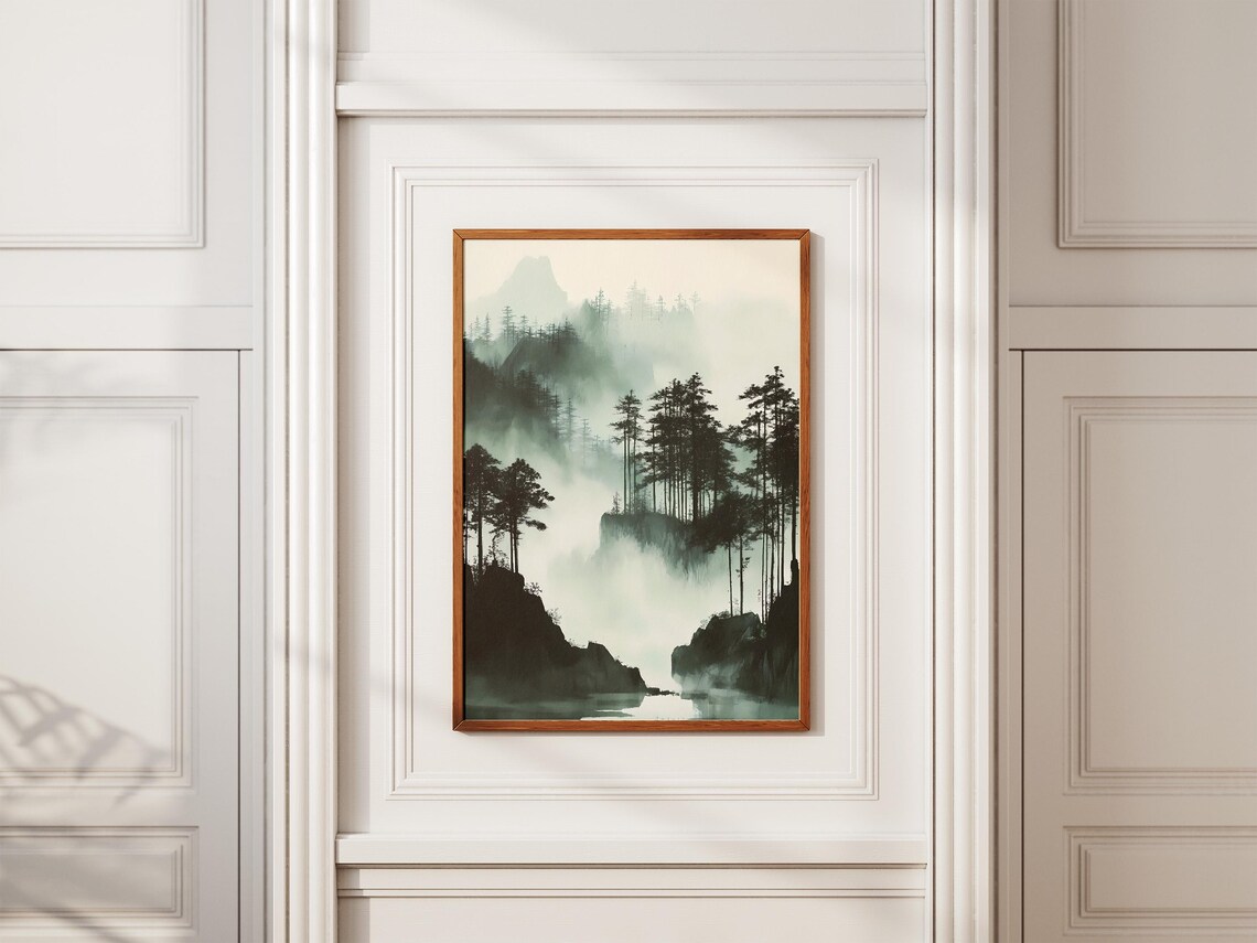 Misty Ink Wash Forest Mountain Lake Ethereal Nature Art Poster - Image 2