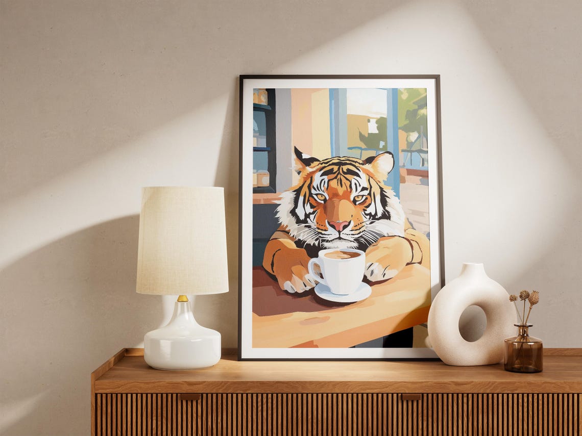 Tiger Drinking Coffee at Cozy Cafe Table Wildlife Art Poster - Image 4