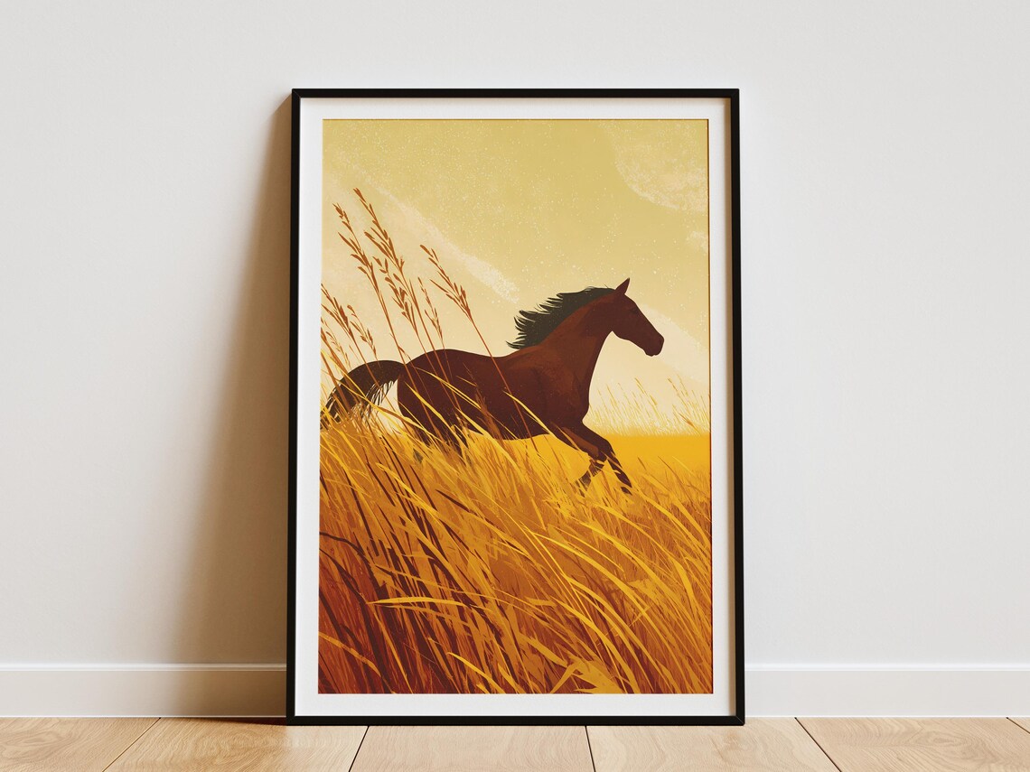 Wild Horse Running Golden Prairie Grass Vintage Western Art Poster