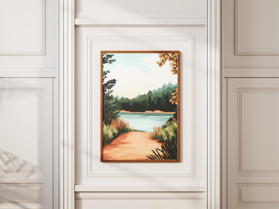 Peaceful Lake Path Through Autumn Reeds and Woodland Art Poster - Image 2