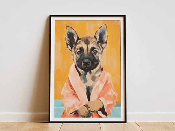 German Shepherd Puppy In Bathrobe Poster Cute Dog Print Nursery Decor Pet Portrait Animal Wall Art Lover Gift