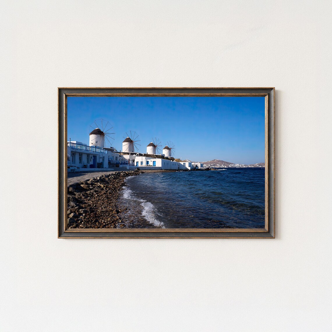 Mykonos Windmills by the Sea Bright Blue Greek Island Coast Poster
