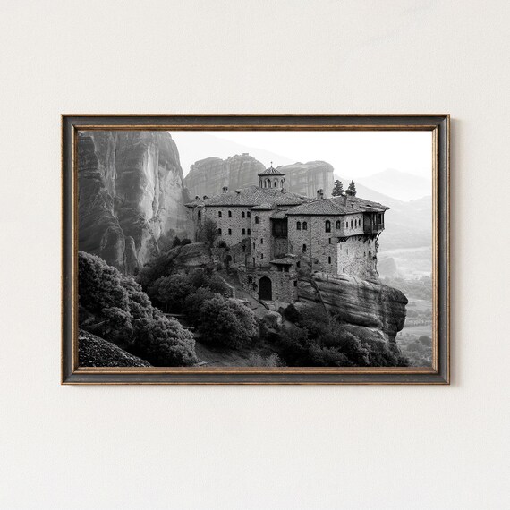 Ancient Meteora Greece Monastery Black And White Photo Poster