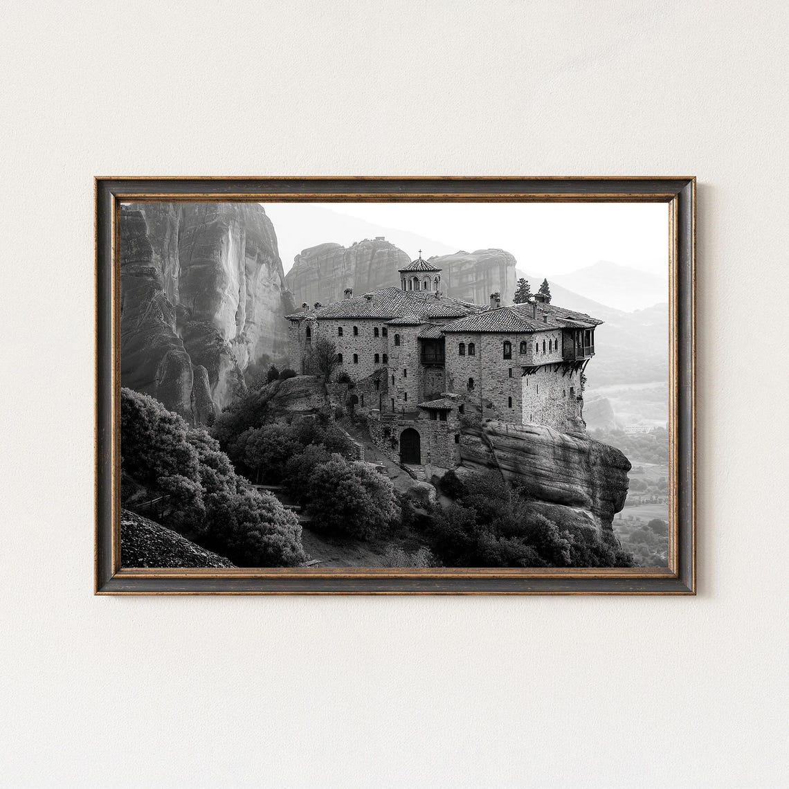 Ancient Meteora Greece Monastery Black And White Photo Poster