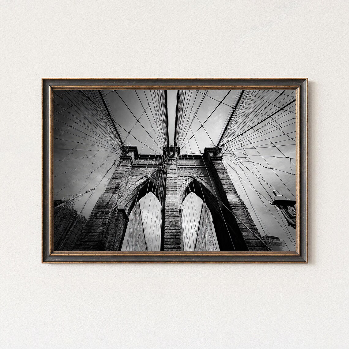 Brooklyn Bridge Stone Towers Black And White Night Photo Print