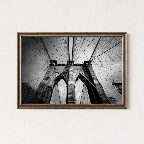 Brooklyn Bridge Stone Towers Black And White Night Photo Print