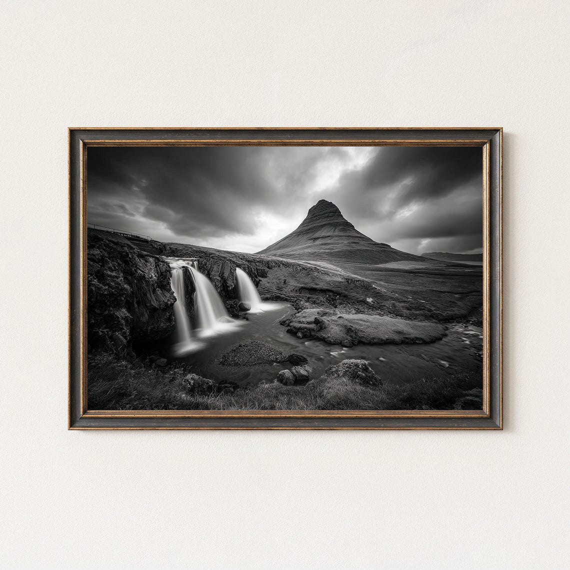 Kirkjufell Mountain Waterfall Iceland Black and White Photo Poster