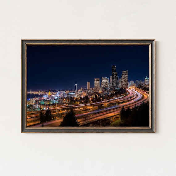 Seattle Night Skyline Print Space Needle Light Trails Wall Art