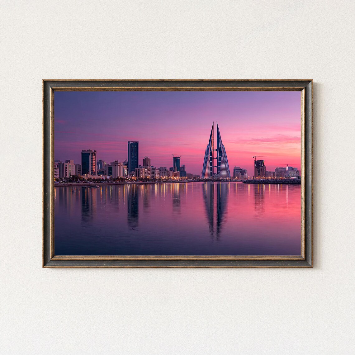 Bahrain Manama Skyline Wall Art Sunset Pink Cityscape Print Modern Gulf Decor